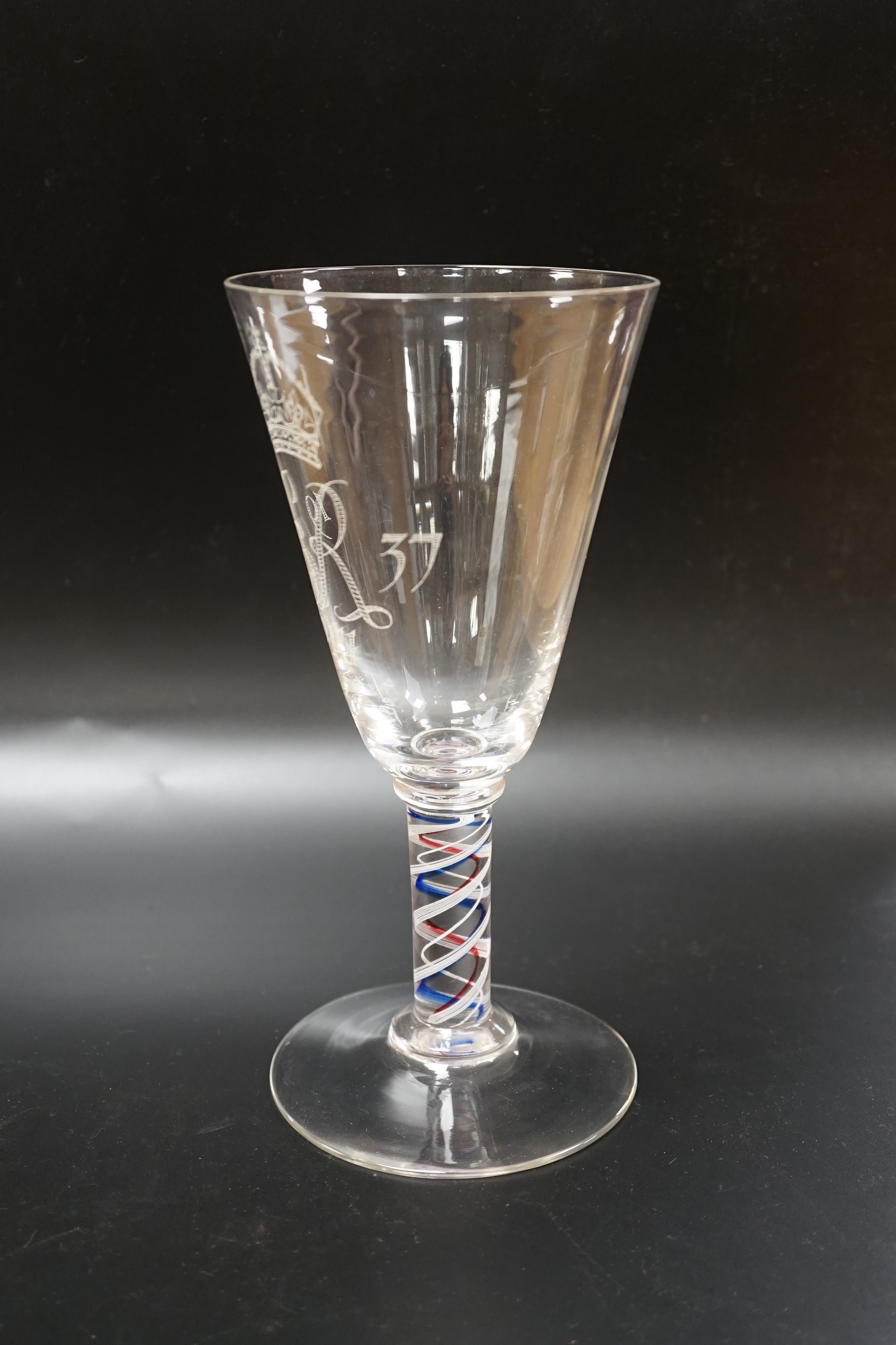 A large Edward VIII commemorative trumpet goblet with etched glass design and cypher dated 1937, stem with red, blue and white colour twist, 22.9cm high